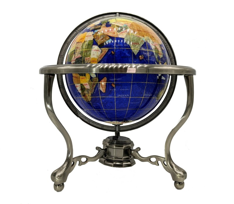 Collector Edition! 14″ Blue Pearl Swirl Gemstone globe w/ Tripod Zinc Alloy Std