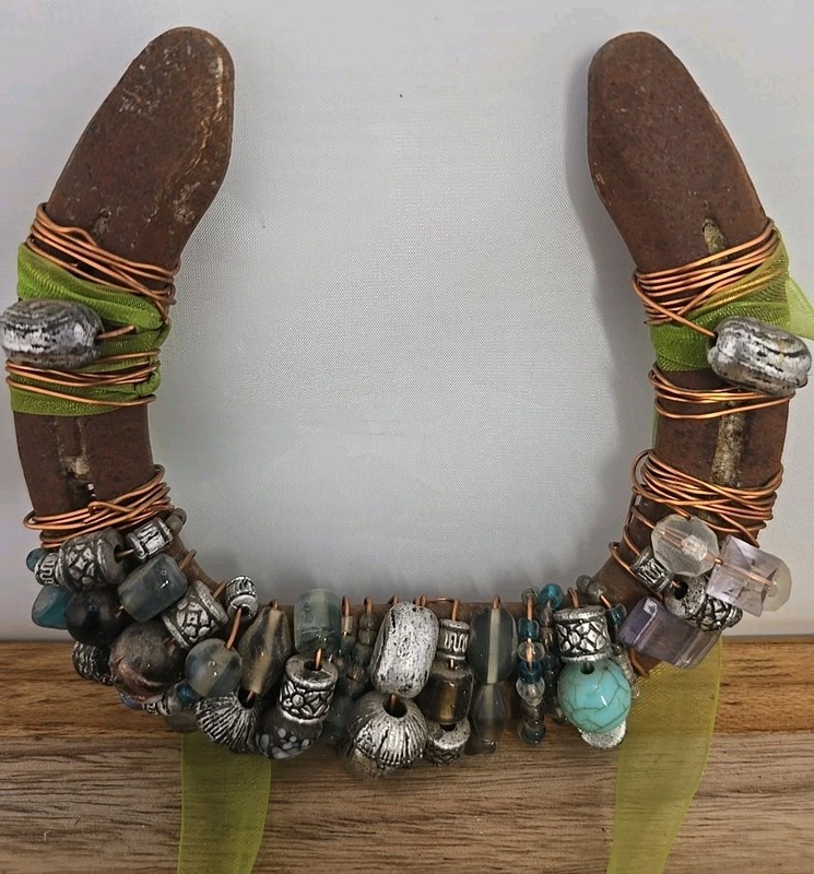 Vintage Horseshoe Art- Wall Hanging w Polished Stones & Glass Beards-Western Art