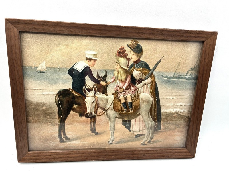 Victorian First Acquaintance Print Framed Beach Donkey Scene Art 14×10.5 Deco