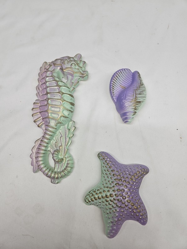1967 Miller Studios 3-Piece Chalk Plaster Seahorse Seashell Starfish Plaques