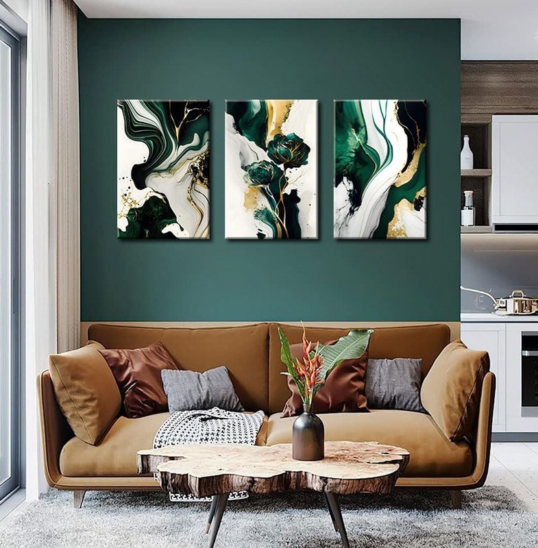 3Pcs Framed Emerald Green Wall Art, Modern Green and Gold Abstract Marble Can... gallery