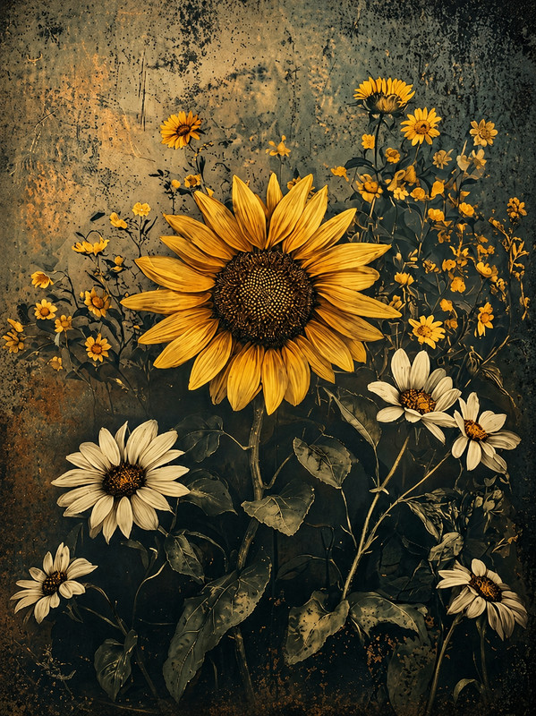 Vintage Sunflower Wall Art Rustic Floral Print Poster Dark Moody Decor gallery