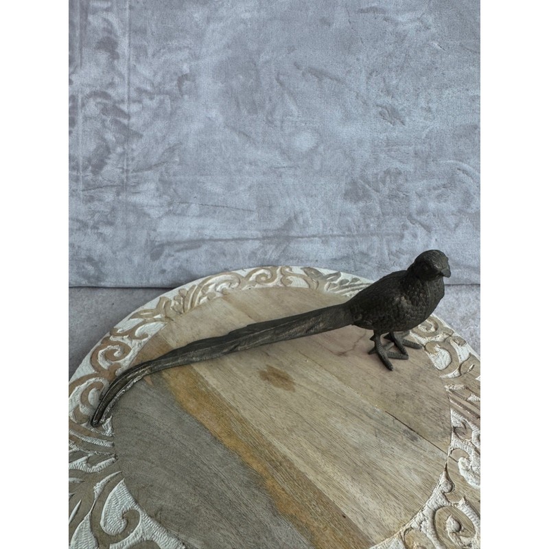Vintage Cast Metal Pheasant Figurine Long Tail Bird Statue Dark Bronze Patina