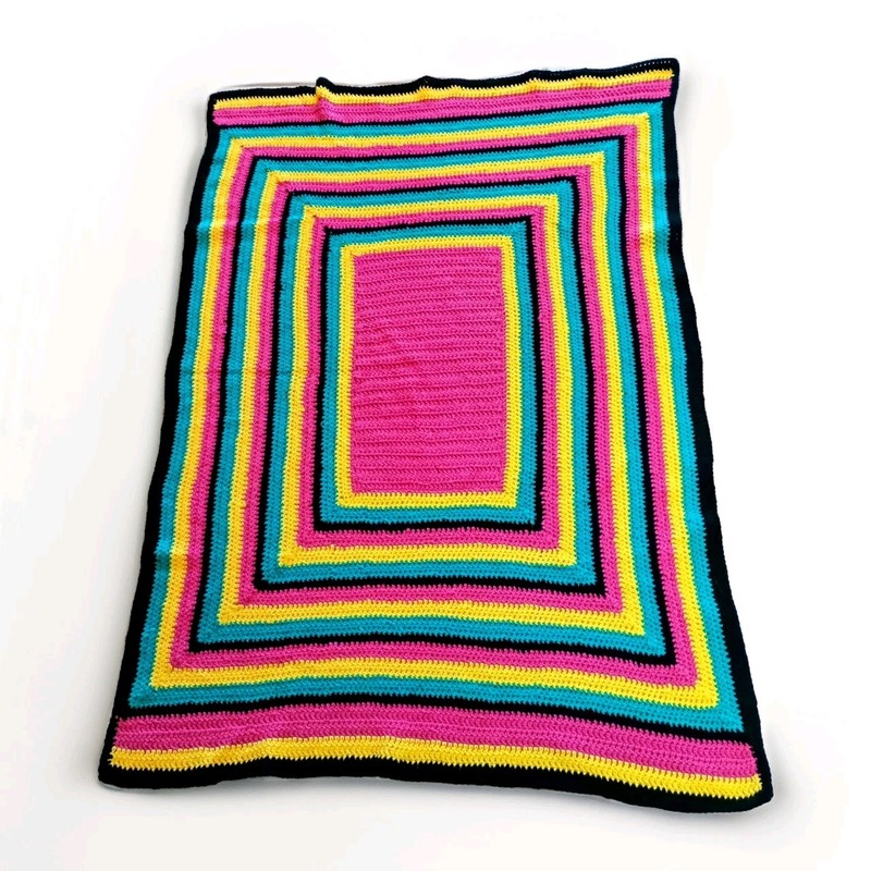 Afghan Hand Crocheted 58″ X 38″ Inches Pink Yellow Turquoise Black
