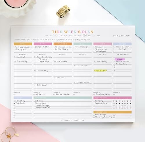 ThreeKin Weekly Planner – Premium 52-Sheet Tear-Off Notepad, 8.5 x 11 inches,
