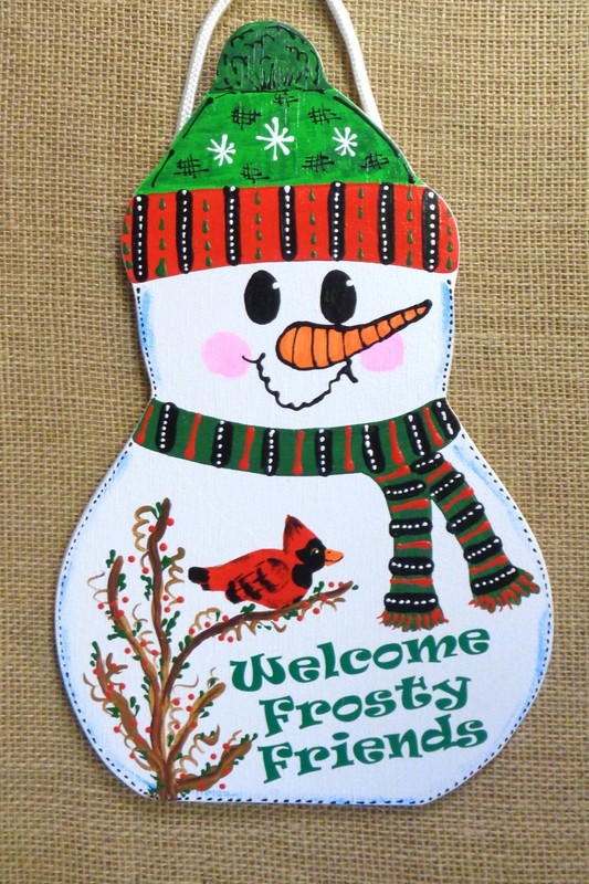 Welcome Frosty Friends Hand Painted Snowman Cardinal Winter Door Sign Plaque