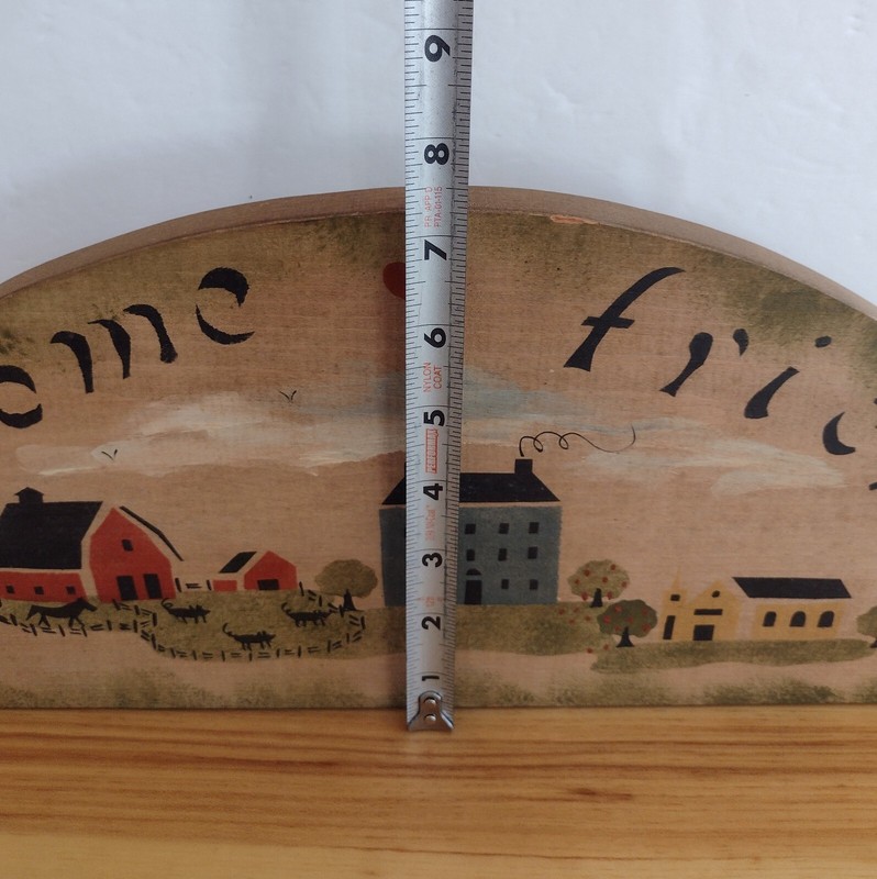 Vintage Primitive Folk Art Painted Arched Wood Wall Plaque Welcome Friends Farm gallery
