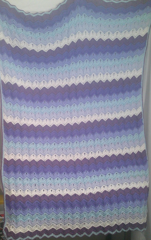 Handmade Crochet Afghan Mid-Weight Throw/Blanket Purple Blue and White 42” x 72”
