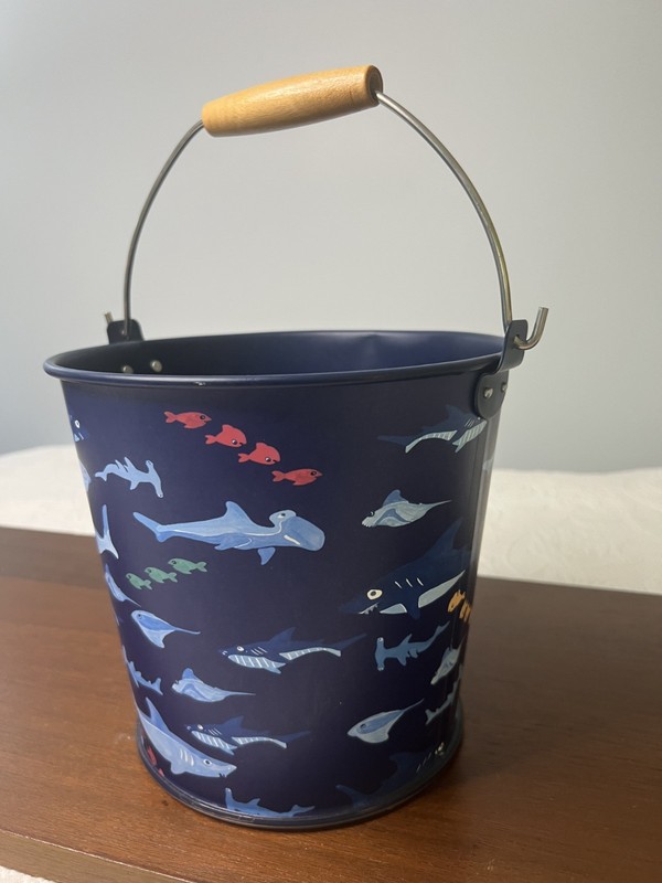 Pottery Barn Kids Metal Tin Bucket Pail Wood Handle Beach Sand Sharks Fish 2010 gallery