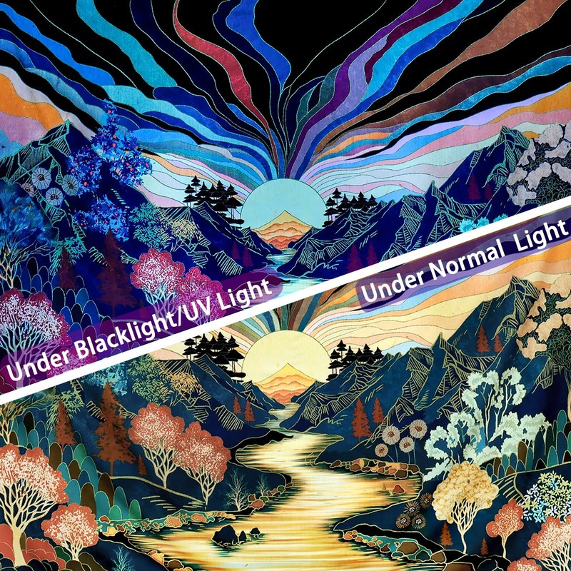 UV Reactive Blacklight Tapestry Forest Mountain Green Sun Poster Art 79"x59" gallery