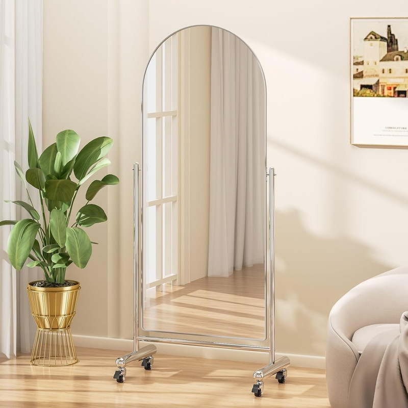 Large Arched Full Length Mirror on Wheels, Rolling Tilting Swivel Floor Mirror 6 gallery
