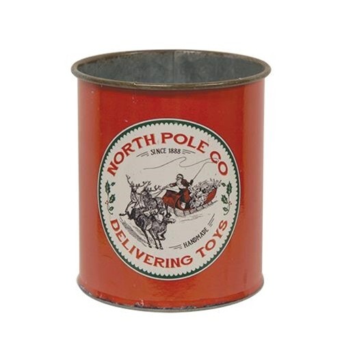 New Primitive CHRISTMAS NORTH POLE SANTA SLEIGH Metal Can 4″H x 3.25″W x 3.25″D