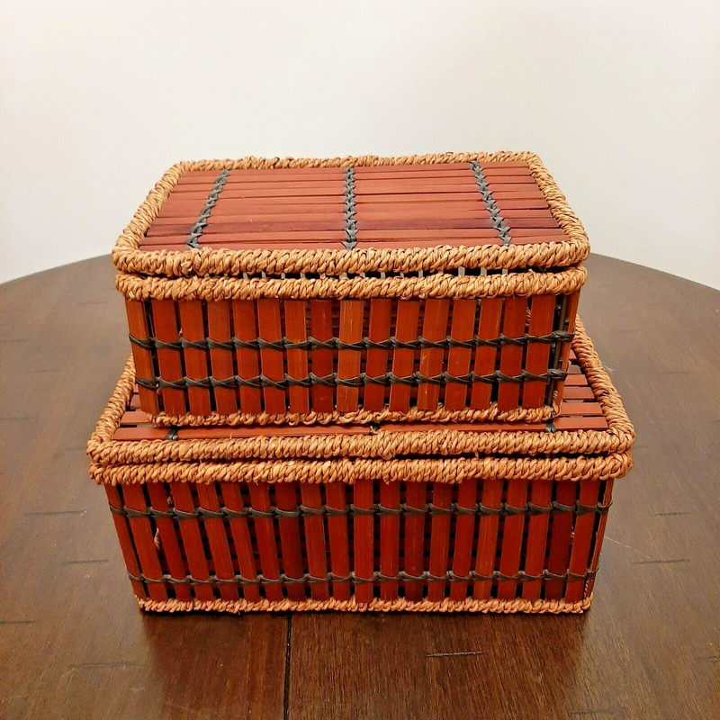Set of 2 Storage Baskets w Handles and lids, Nesting Bin Organizers, Wood Metal