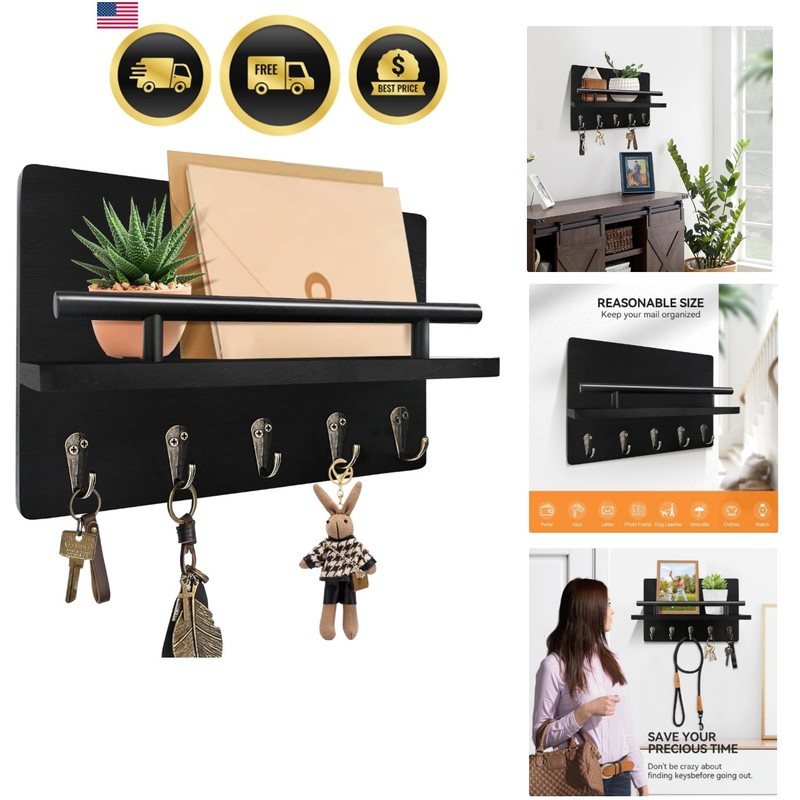 Key Holder Wall Mount Rustic Key Rack with Shelf Hooks Home Organizer