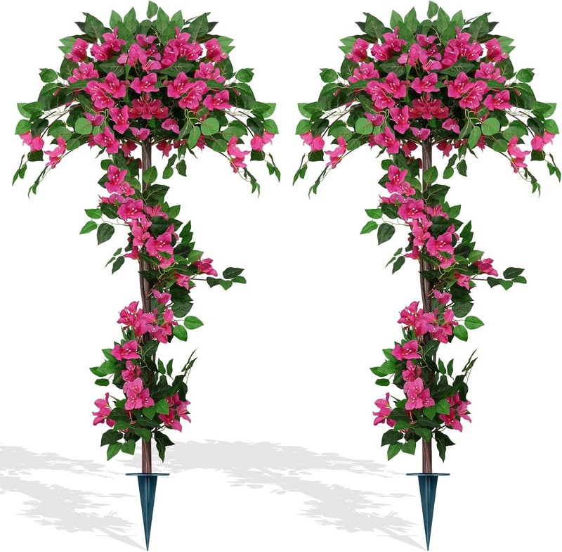 2Pack 5FT Artificial Bougainvillea Topiary Trees for Outdoor, Fake Silk Flowers