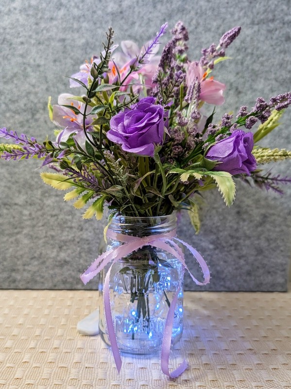 Purple Floral Arrangement, Mini Roses, Fressia, Lighted Mason Jar (Timer) gallery