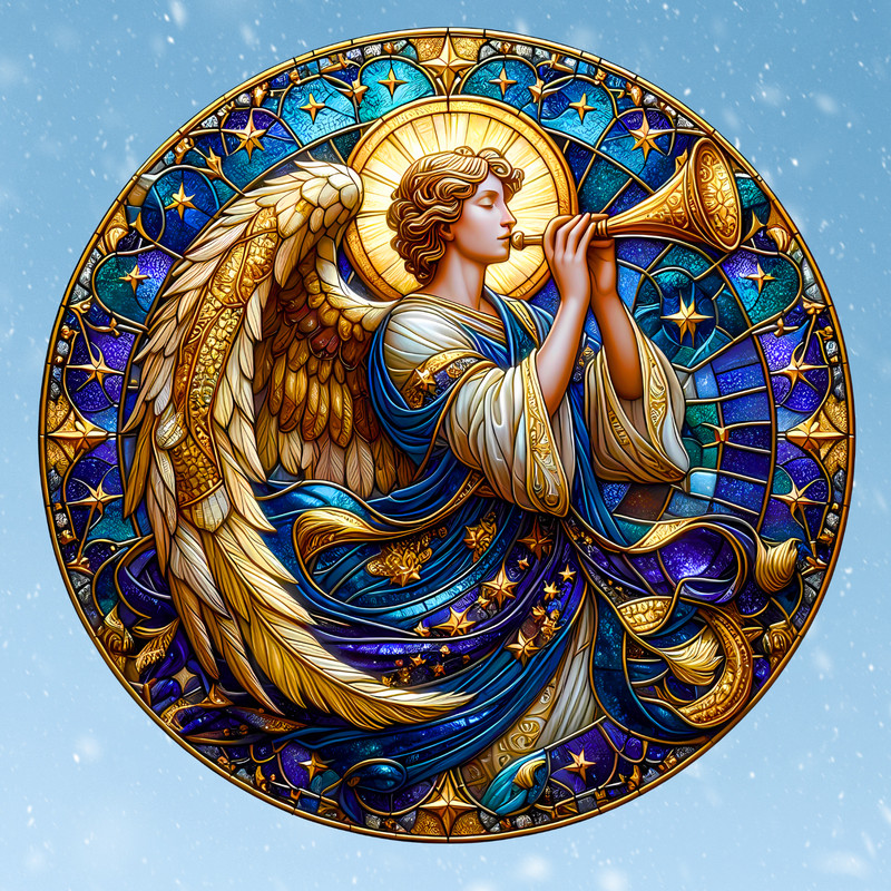 Male Angel Christmas Faux Stained-Glass WINDOW CLING Size 8″ Round Vinyl