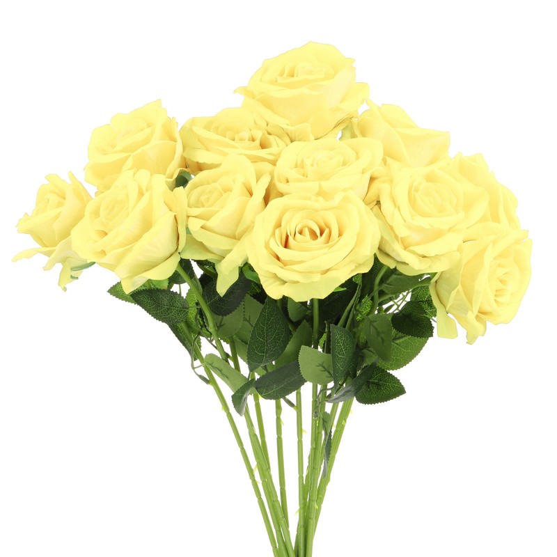 12 Pcs Pale Yellow Roses Artificial Flowers, Velvet Rose with Stems