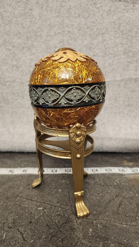 Decorative Amber Crackle Glass Orb Sphere On Brass Tone Tripod Stand Display