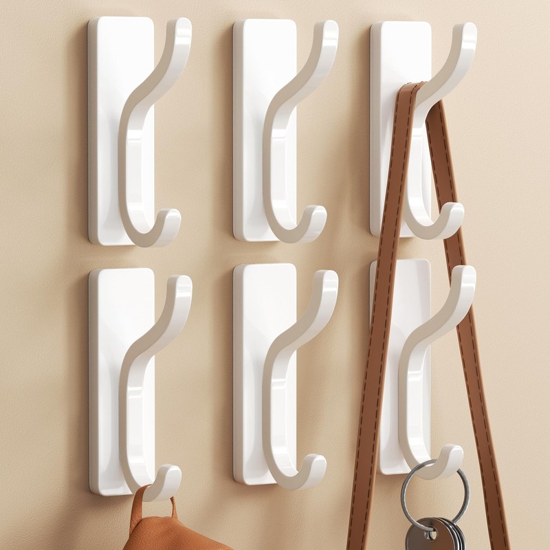 Adhesive Wall Coat Hooks 6 PCS White Metal Heavy Duty Stick On Hanger