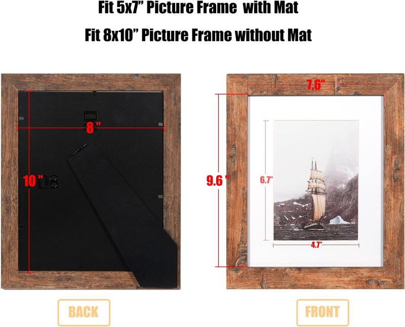 8X10 Picture Frame Rotten Brown, Wooden Frame with White Mat, for Tabletop and W gallery