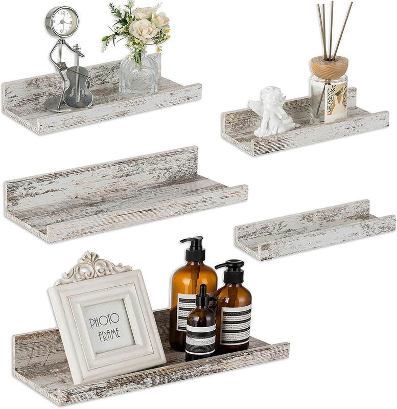 Rustic Shelves Wall-Mounted Distressed White – Farmhouse Wall Shelves 15.8 in…