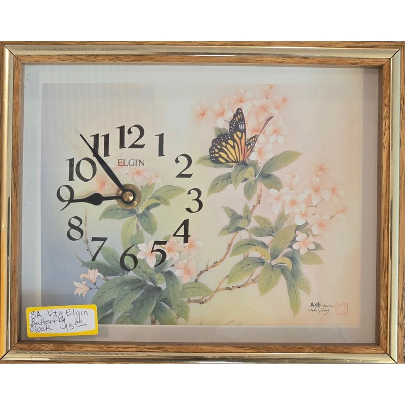 Elgin Vintage MCM Butterfly Floral Mantle Tabletop Clock Wood Grain Frame Works