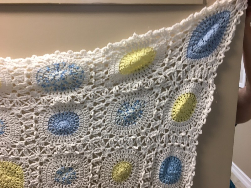 Handmade Crochet Granny Square Afghan / Throw Lap Blanket White/Blue/Yellow gallery