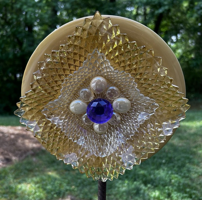 Gold Diamond Ceramic & Glass W/Purple Garden Flower Recycled Repurposed Yard Art