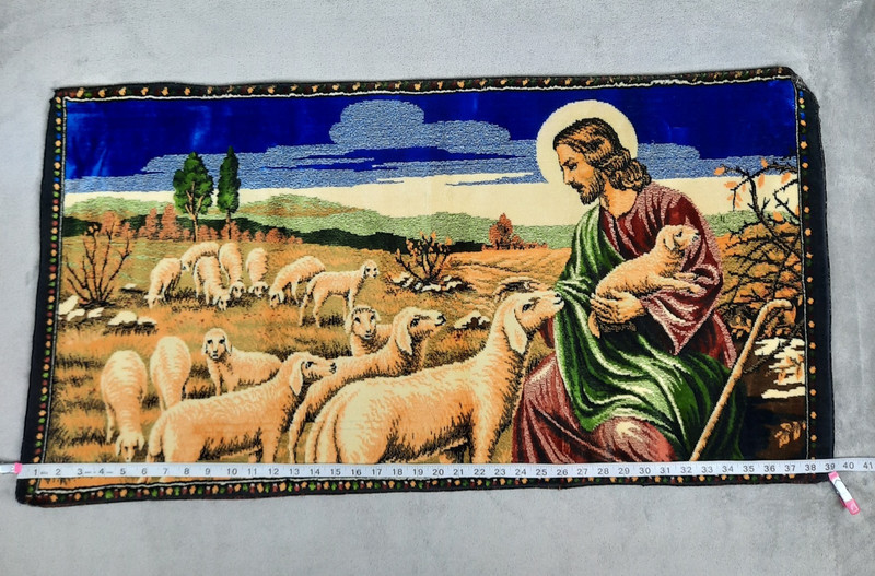 Vintage Jesus The Good Shepherd and Sheep Velvet Tapestry Wall Hanging Religious gallery