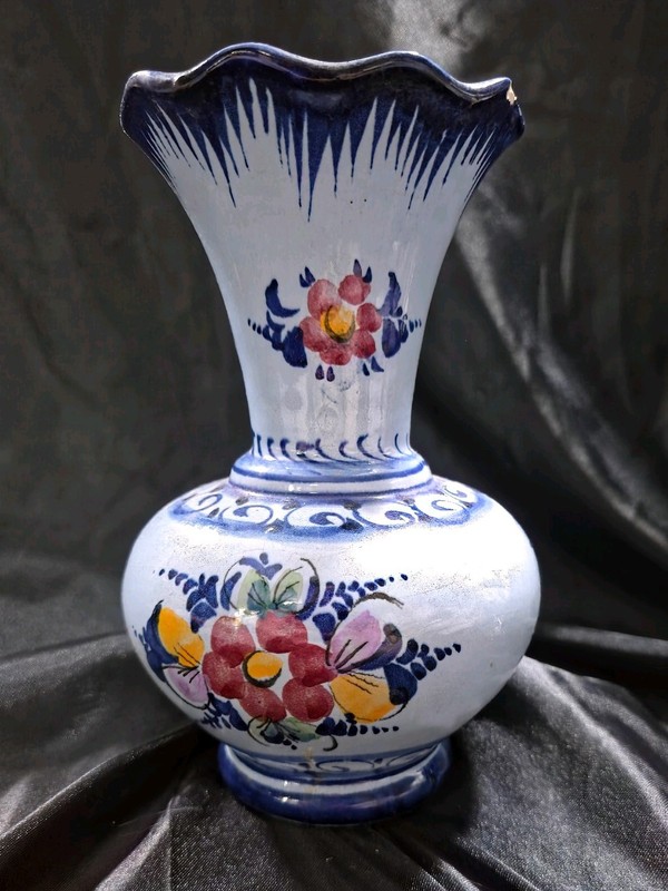Vintage Portuguese Hand Painted Ceramic Vase Blue Floral Folk Art Signed 8″
