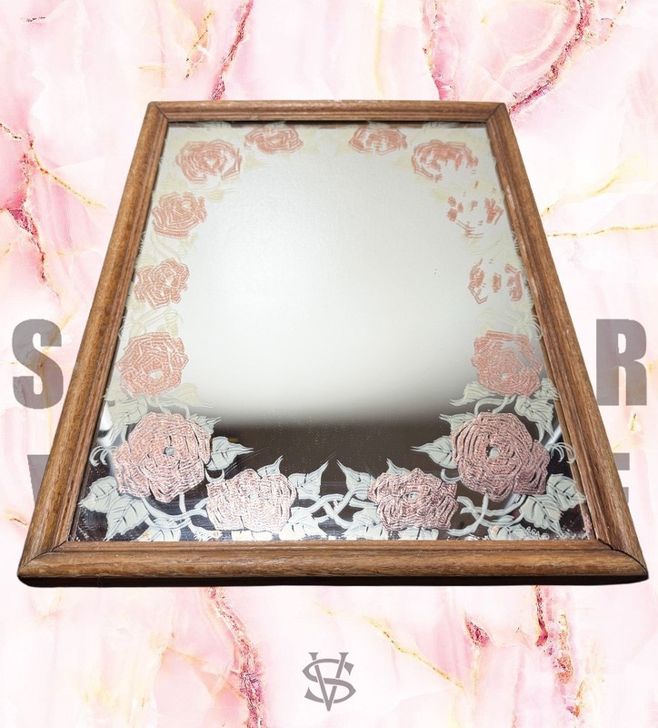 Vintage AMERICAN GLASS ART AGA Wood Framed Copper Plated Floral Wall Mirror Core gallery