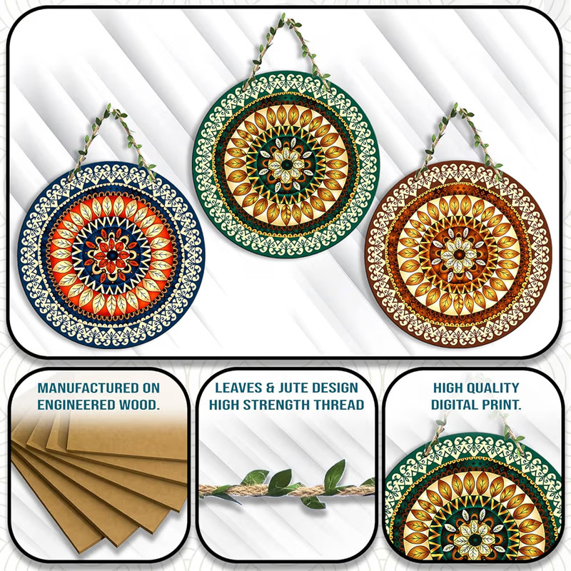 3Pc Round Wooden Wall Hanging Plaque Set Leaf Mandala Boho Art Medallion Decor gallery