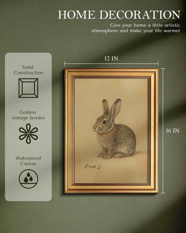 Vintage Gold Framed Canvas Wall Art Rabbit Artwork, Easter Bunny 12x16 Inch A... gallery