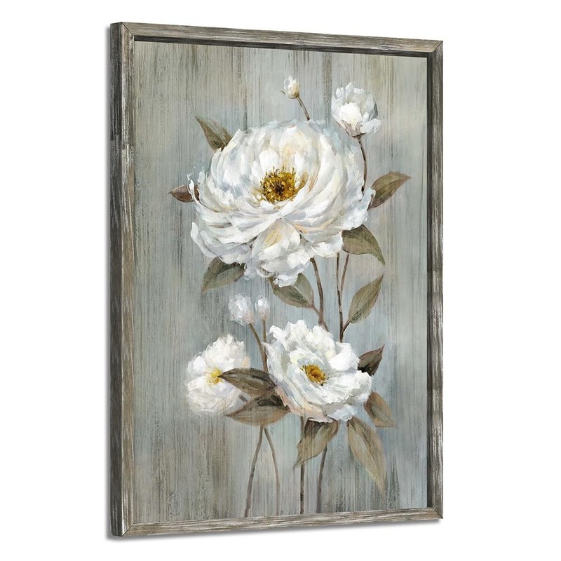 Abstract Flower Framed Wall Art: Rustic White Floral Oil Painting Modern Bota…