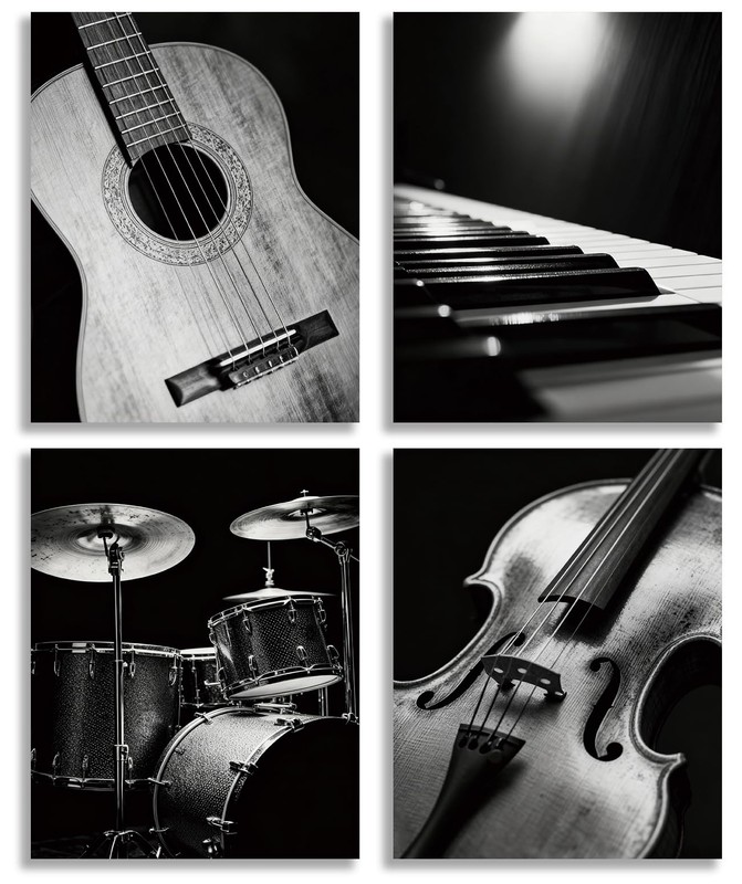 Black and White Musical Instruments Wall Art, Set of 4 Guitar Piano Drums Vio…