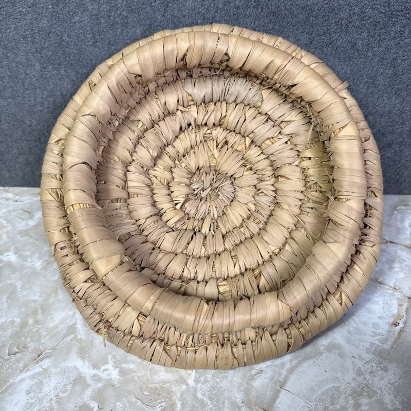 Hand Woven Boho Coiled Straw Basket W/ Lid Round gypsy 5.5” X 10.5” gallery