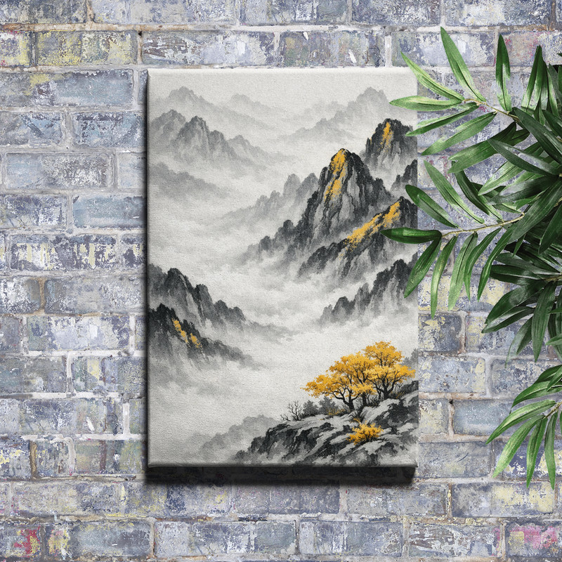 Golden Yellow Accents Chinese Ink Mist Framed Canvas Wall Decor 16x24inch