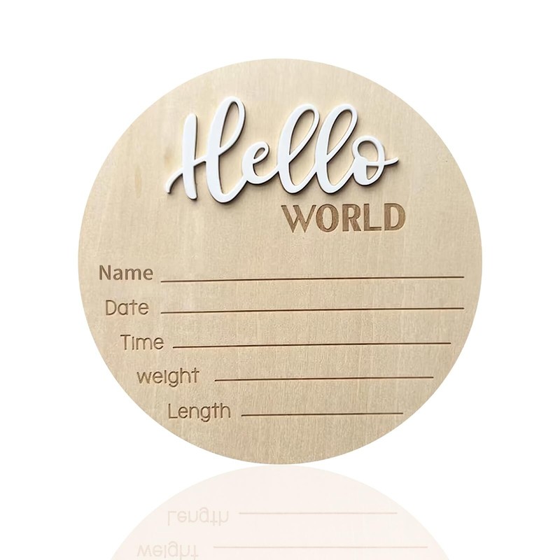 Baby Announcement Sign, ​5.9 Inch Wooden Hello World Newborn Signs, Birth