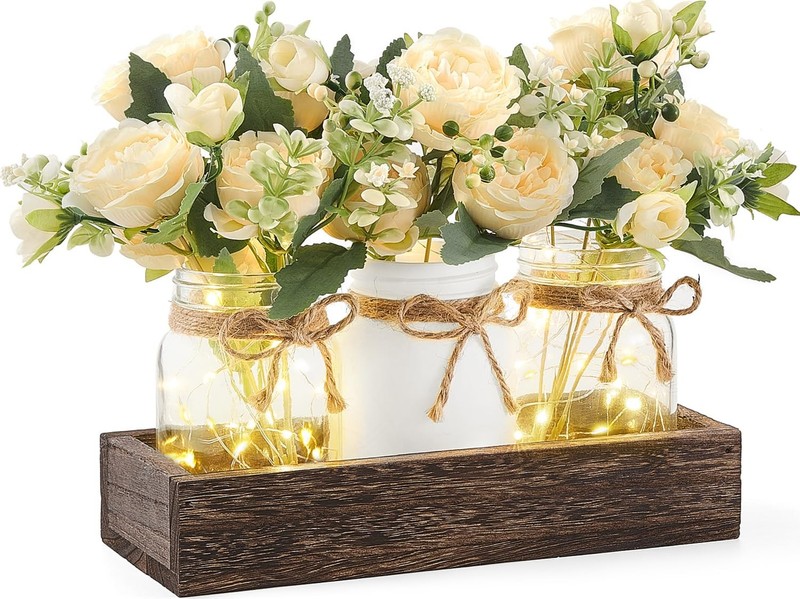 Mkono Mason Jar Lights Centerpiece Table Decor for Dining Room small, White