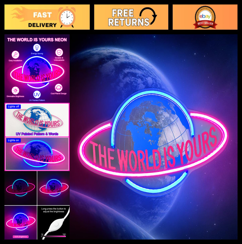 Neon Wall Sign – ‘The World Is Yours’ LED Light for Bedroom, Game Room, Office D