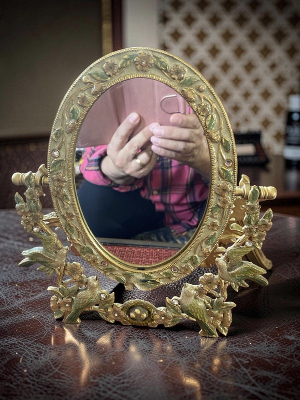 Gold Ornate Vanity Mirror Dresser Tabletop Decor Birds Floral
