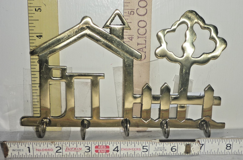 Vtg Brass ‘House & Tree’ Wall Key Ring Holder w/5 Wall Hooks ~8″L x 5″H