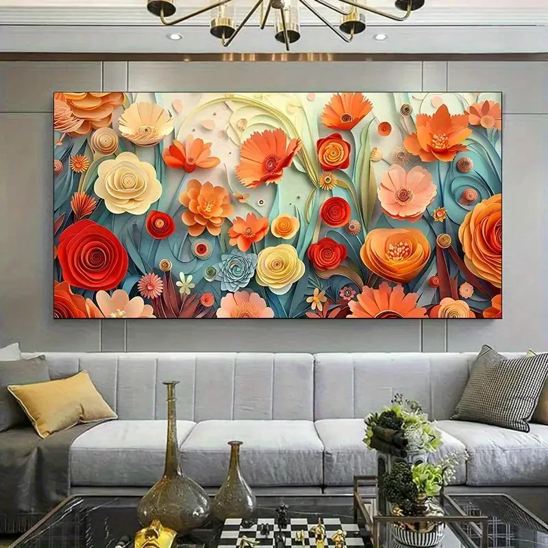 Orange Red Yellow Pink Blue & Green Flower Unframed Canvas Painting for Living