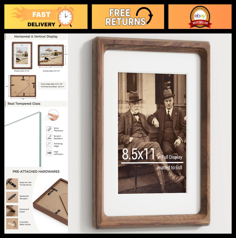 Natural Walnut Picture Frame 8.5×11, Handmade Wood Photo Frame with Mat for 6×8,