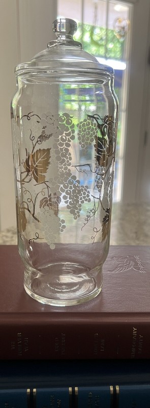 Apothecary Jar Gold White Grapes Leaves 8 1/2 in Tall Vanity Vintage