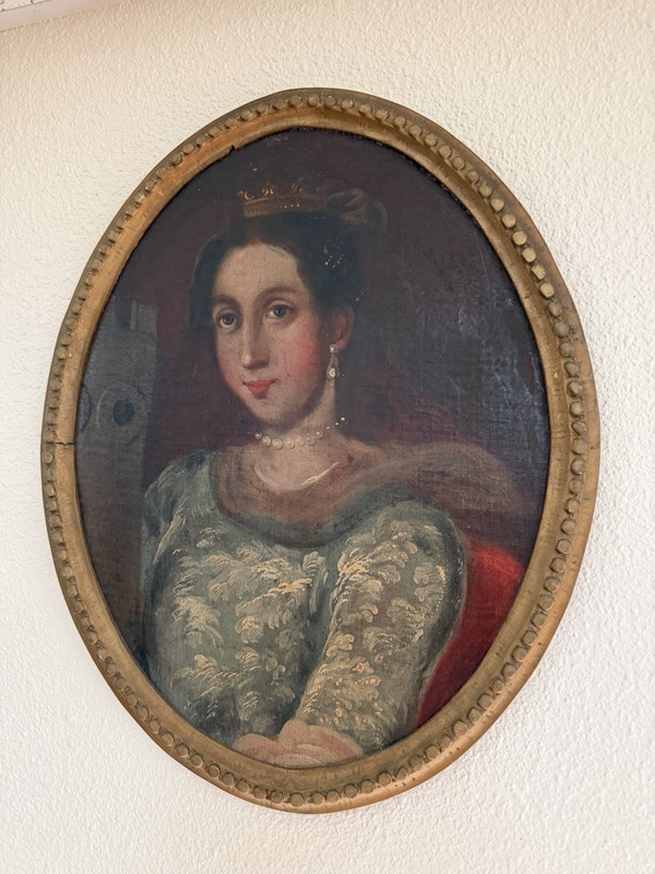 Vintage Hand-Painted And Framed Oil Painting Of Saint Barbara