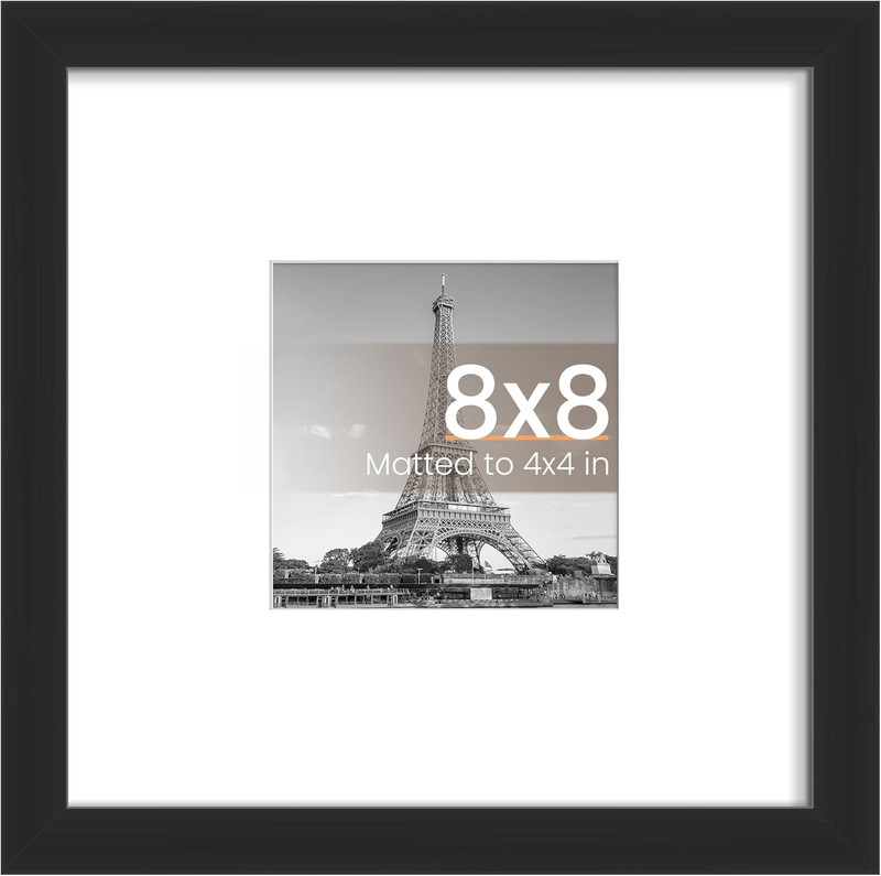 8X8 Picture Frame: Display 4X4 with Mat or 8X8 without Mat, Wall Hanging, Black
