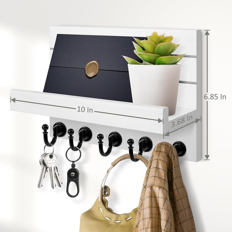 Wall Key Holder Mail Organizer 5 Hooks Wooden Entryway Rack White gallery