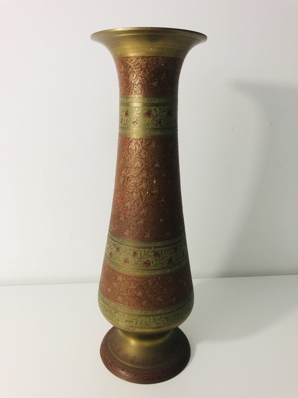 Vintage Brass Vase Hand Etched Floral Red Enamel Indian Middle Eastern 30.5cm
